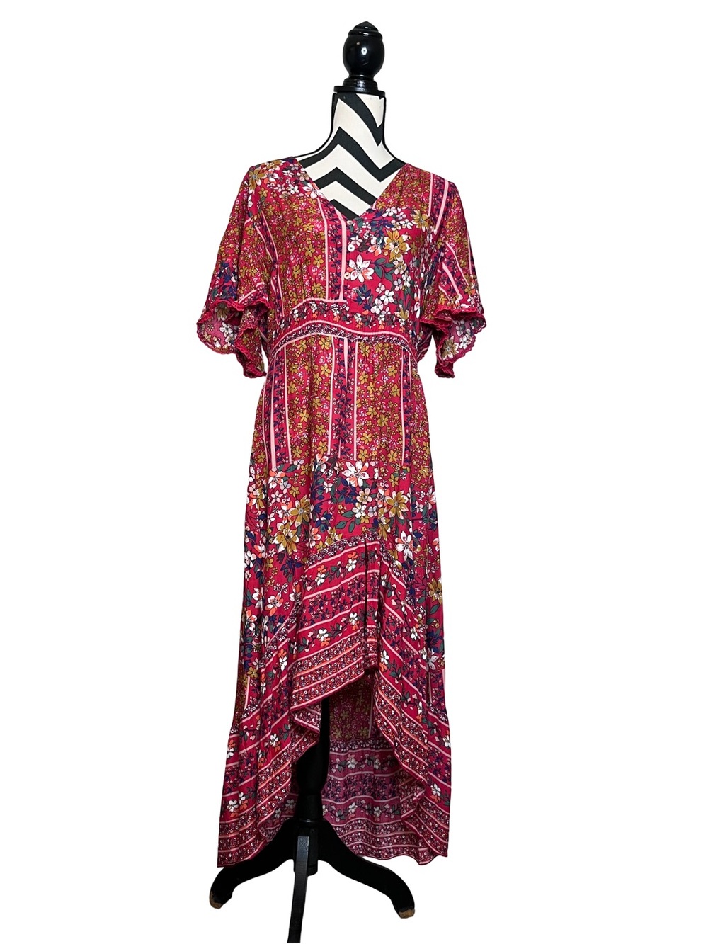 Bohemian Floral Patchwork Fluttery Sleeves Cinched High-Low Hem Midi Dress XXL